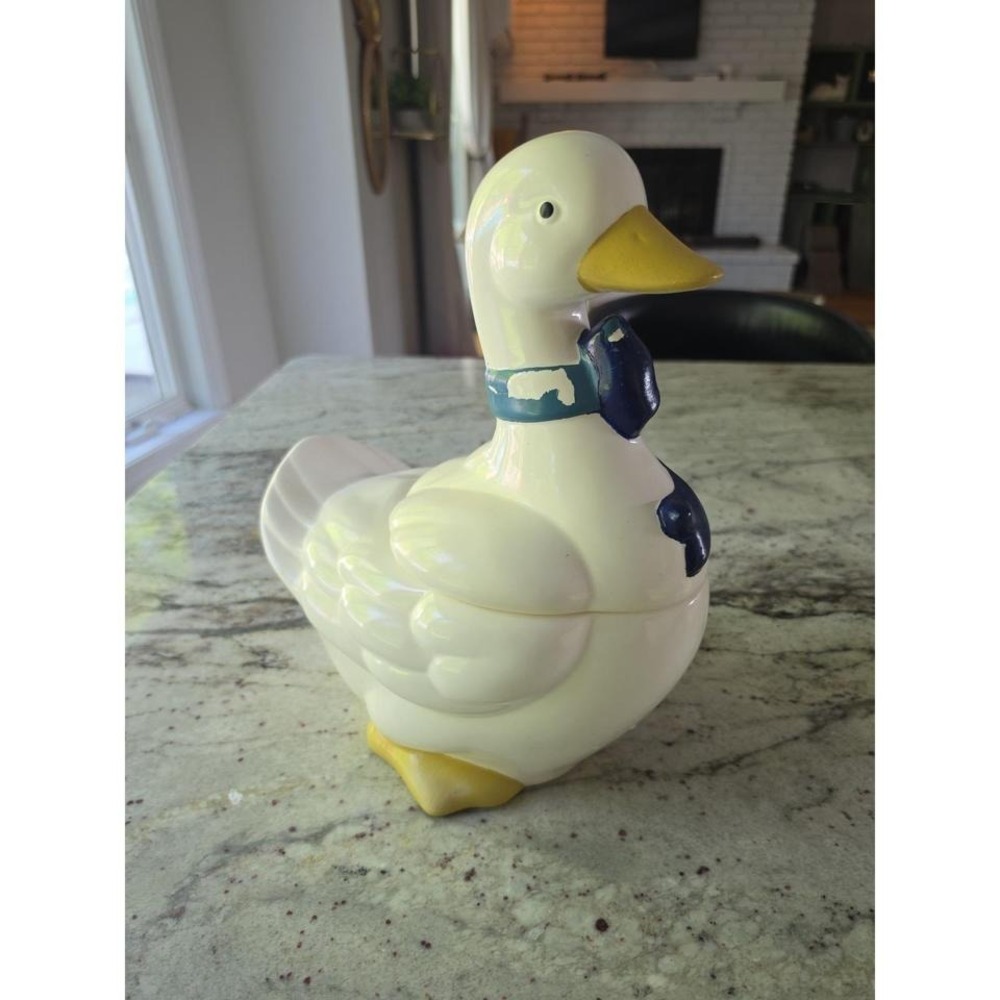 Vintage Mother Goose Ceramic Cookie Jar Blue Ribbon Bow yellow Feet Cottage Core